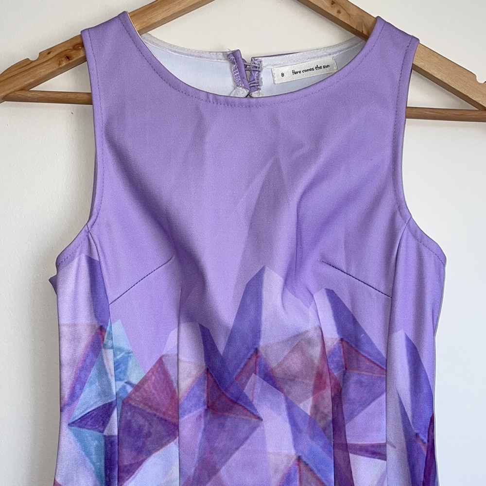 HERE COMES THE SUN | Purple watercolour geometric skater dress - Picture 4 of 8